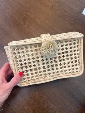 Woven Straw Clutch Bag with Pom Pom - Natural